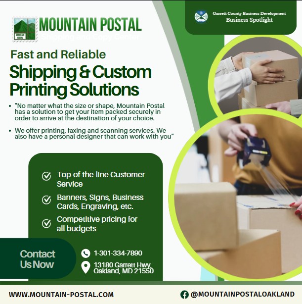 Today's Business Spotlight 📦 is on Mountain Postal!
Visit them at www.mountain-postal.com or Mountain Postal 
Follow us to see more daily Garrett County Business Spotlights! 
If you are interested in having your business featured contact Connor Norman at cnorman@garrettcountymd.gov.
#garrettcountymd #BusinessDevelopment